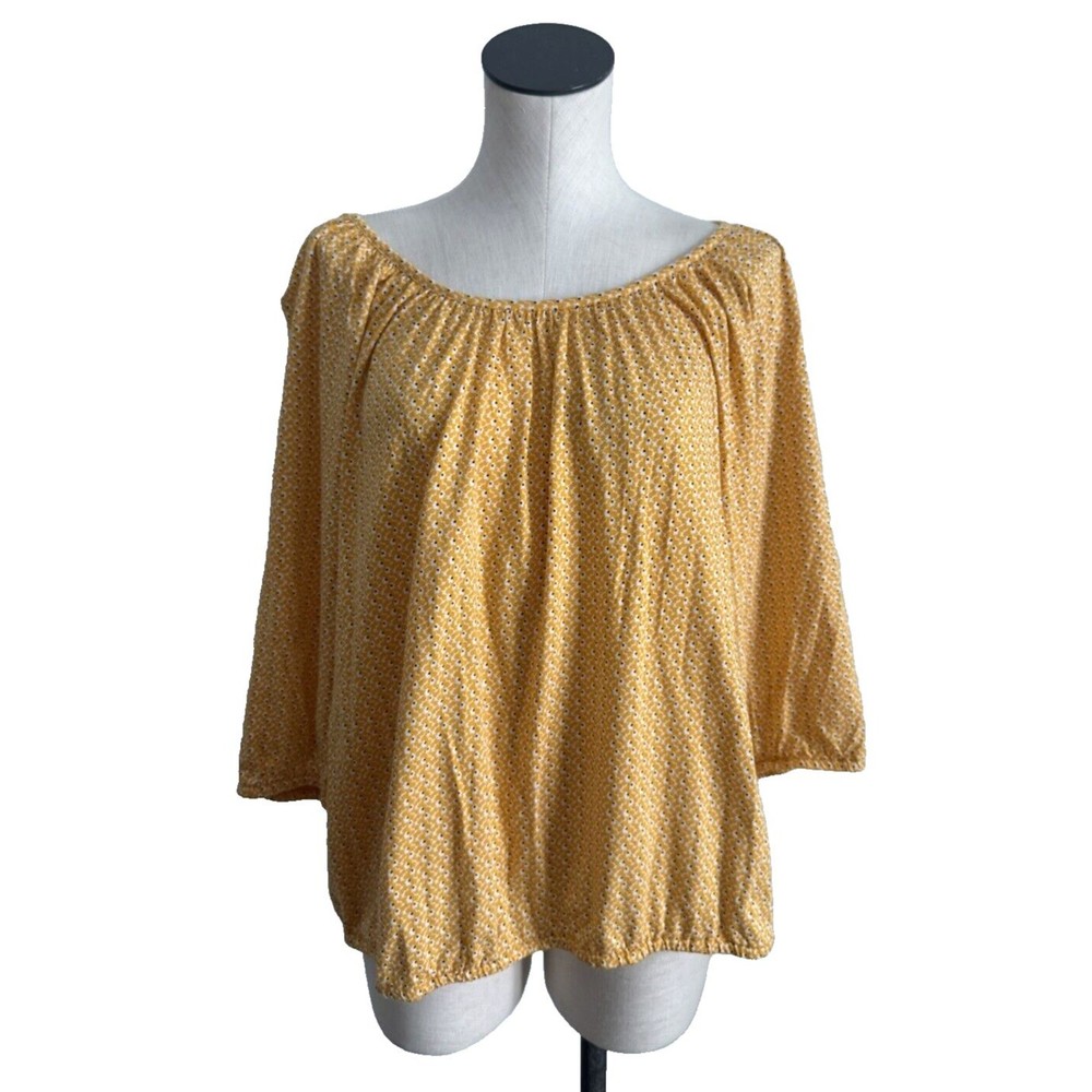 Michael Kors Yellow Floral Top 3/4 Sleeve Top Elastic Hem Neck Size 2X